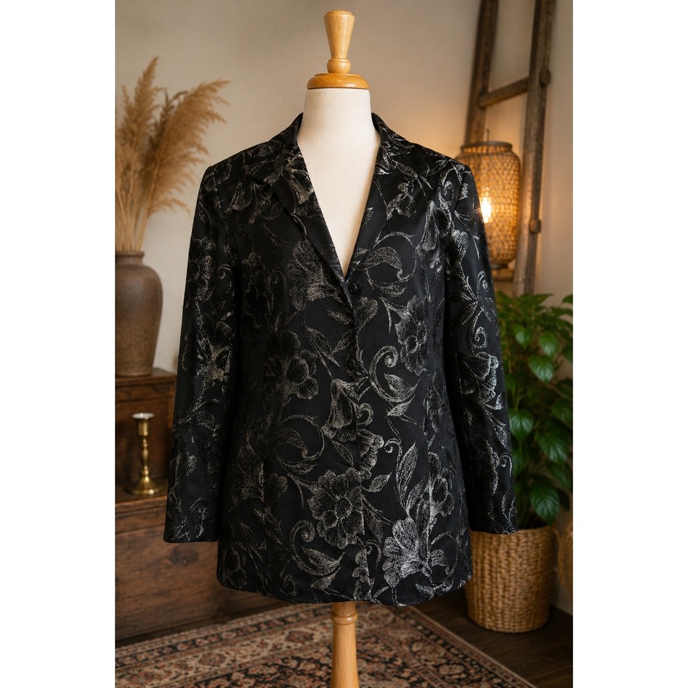 Vintage Y2K Black Silver Floral Jacquard Longline Blazer Wool Blend Size 16